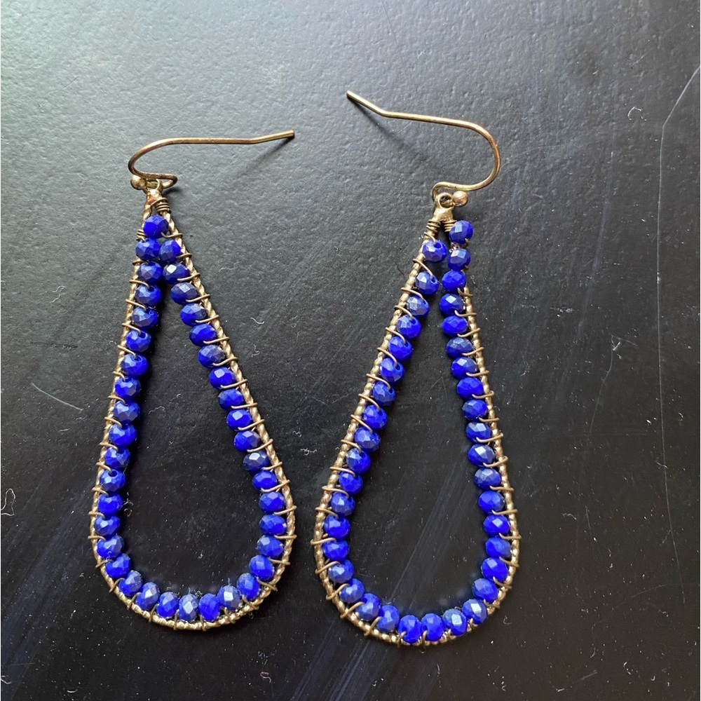 Classy Cobalt Blue and Gold Tear Drop Beaded Earrings